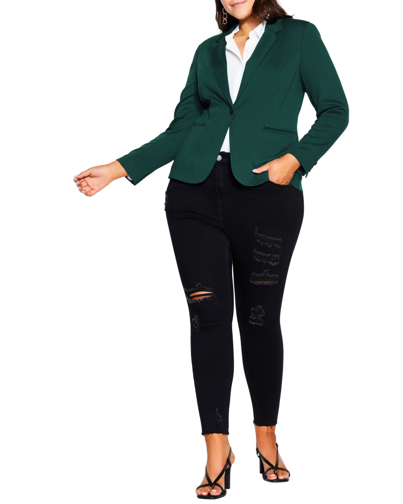Front of a model wearing a size XS Presley Wild Heart Blazer in Forest Green by City Chic. | dia_product_style_image_id:233599
